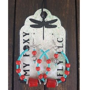 Coral Turquoise Faux Beaded Hoop Earrings Handmade